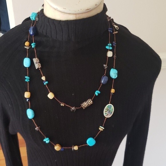 Very long Turquoise stone/bead necklace. Colors are Blue, Brown, Cream. - Picture 1 of 3